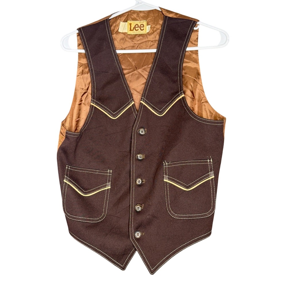 Vintage Lee Western Vest Mens 38R Brown Contrast Stitch Made in USA 70s Cowboy